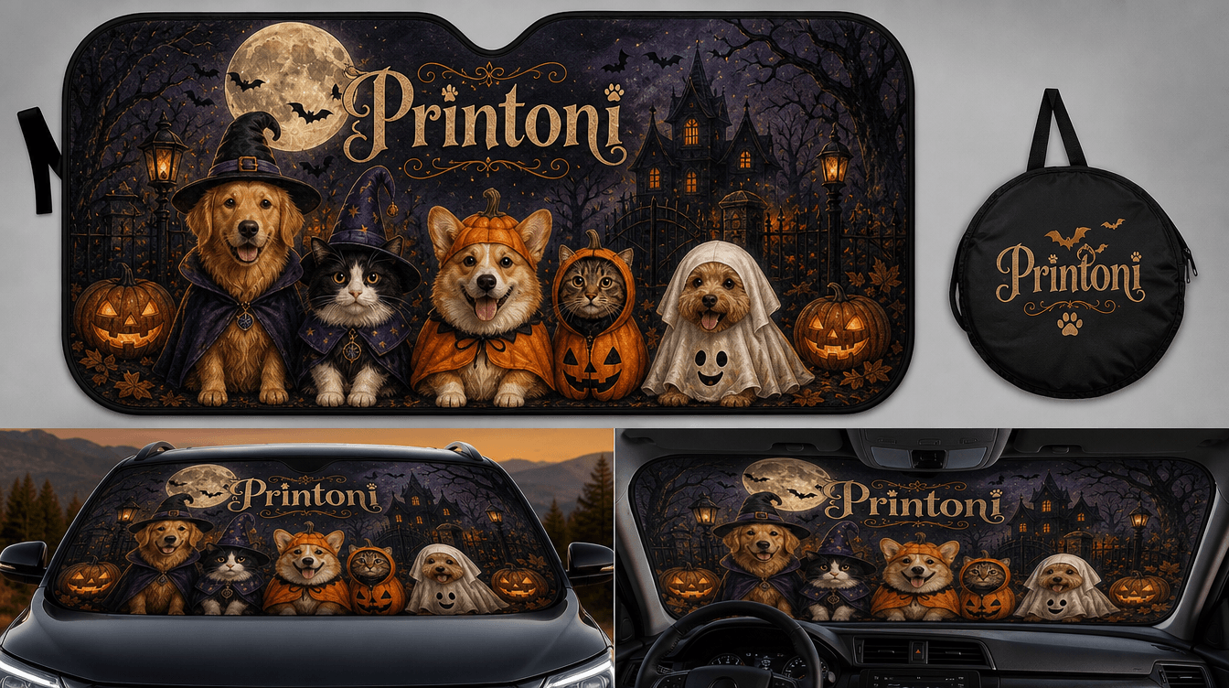 Custom Halloween Pet Car Sun Shade from Photo, Personalized Dog Cat Windshield Sunshade, Spooky Pet Lover Car Accessory Gift