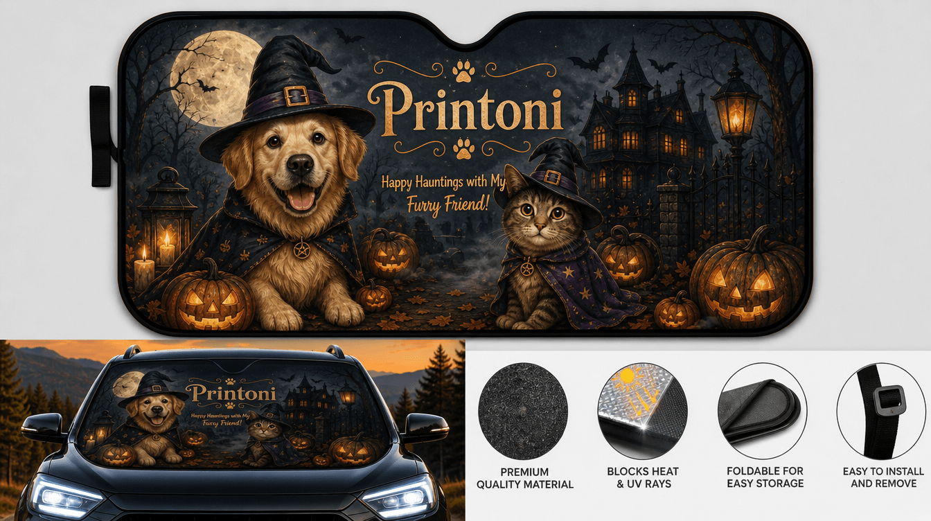Custom Halloween Pet Car Sun Shade from Photo, Personalized Dog Cat Windshield Sunshade, Spooky Pet Lover Car Accessory Gift